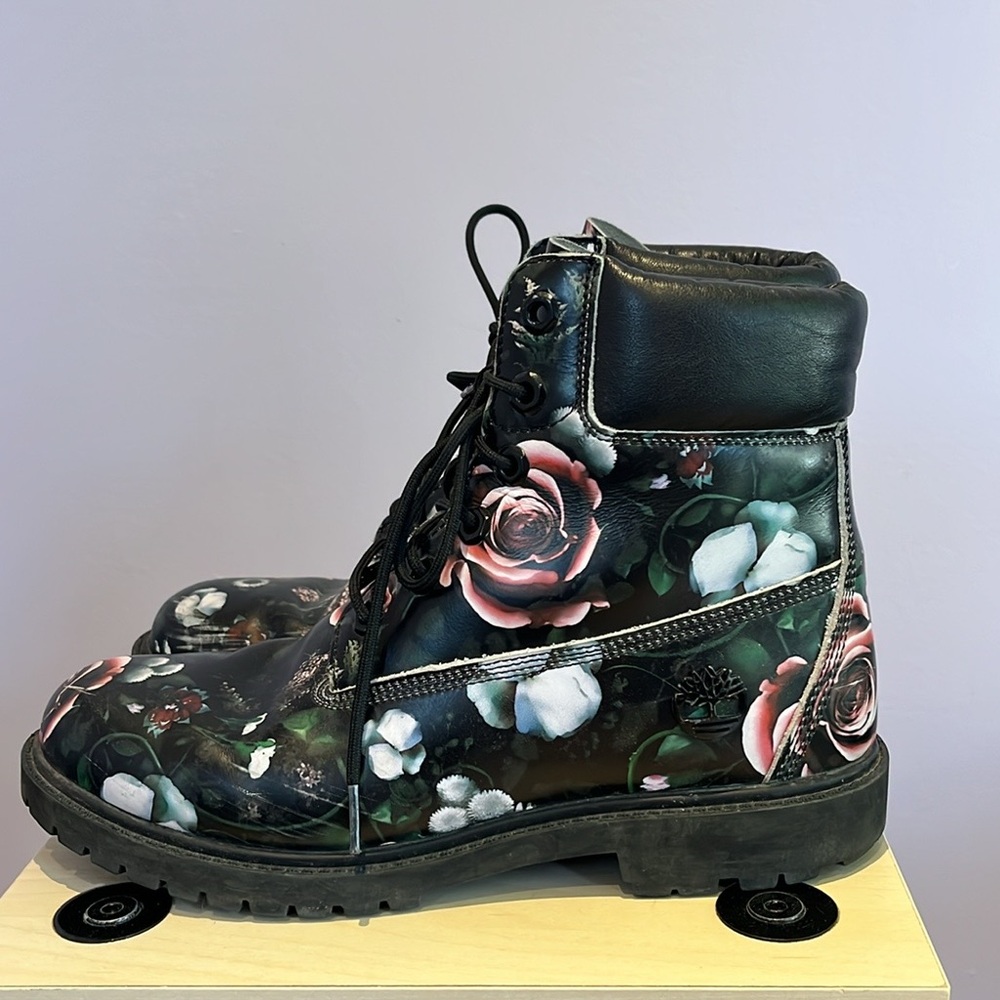 Timberland Black and Pink Combat Boots with Floral Design